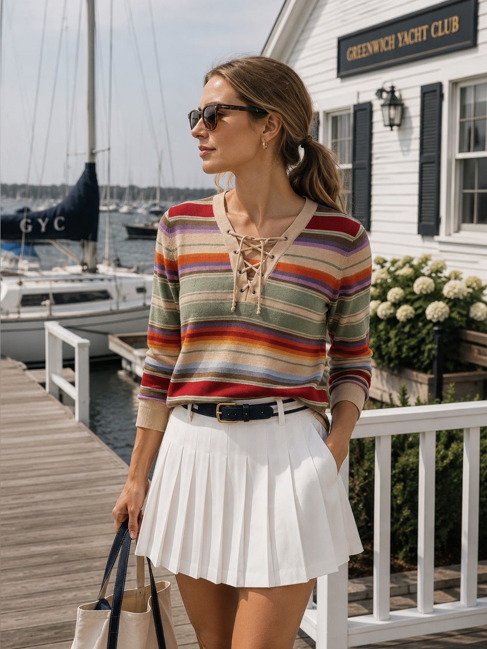 Chaps Colorblock Stripe Lace Up Knit Top Size PL yacht club tennis prep